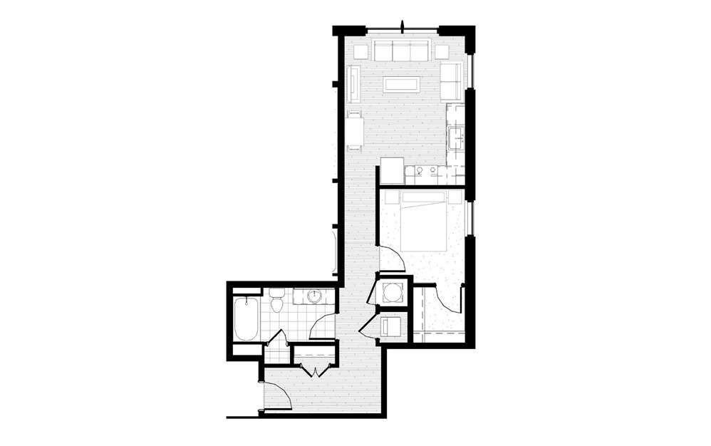 A10 - 1 bedroom floorplan layout with 1 bath and 697 square feet.